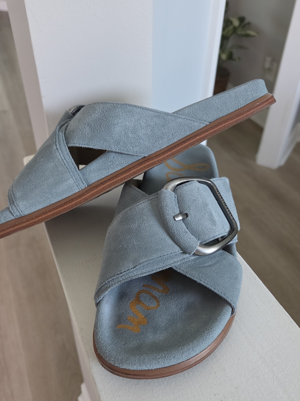 Sam Edelman Dusty Blue Suede Buckle Slide Mules - Picture 2 of 4
